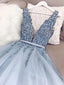 Tulle Light Blue Long Prom Dress A Line Long Beading Formal Dress