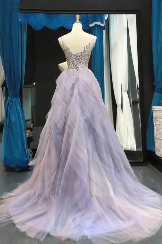 A Line V-neck Tulle Ombre Prom Dresses, Beading Long Evening Dress