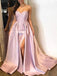 A Line Satin Sweetheart Appliques Long Prom Dresses With Split