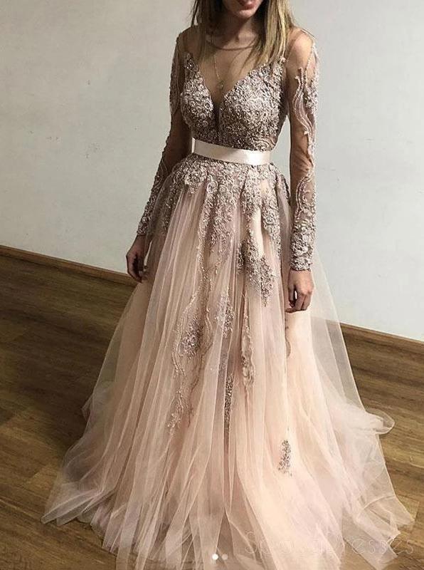 Sheer Round Neck Lace Long Sleeves Tulle Prom Party Dresses