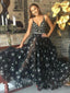 Starry Night Black Prom Dress Long V Neck Tulle Evening Dress