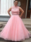 Pink Tulle Keyhole Back Long Plus Size Prom Dress With Beading