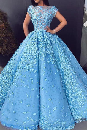 cap sleeves quinceanera dresses ice blue floral appliques ball gown prom dresses dtp912