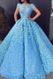 Ice Blue Floral Appliques Ball Gown Prom Dresses, Cap Sleeves Quinceanera Dresses