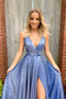 A-line V-neck Blue Long Prom Dresses Formal Gown With Split