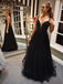A-line V-neck Tulle Black Prom Dresses Backless Formal Gown With Beading