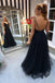 A-line V-neck Tulle Black Prom Dresses Backless Formal Gown With Beading