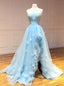 Light Sky Blue Tulle Strapless Long Prom Dresses With Hand-make Flowers