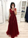 a-line v-neck burgundy long bridesmaid dresses appliques tulle prom dresses dtp960