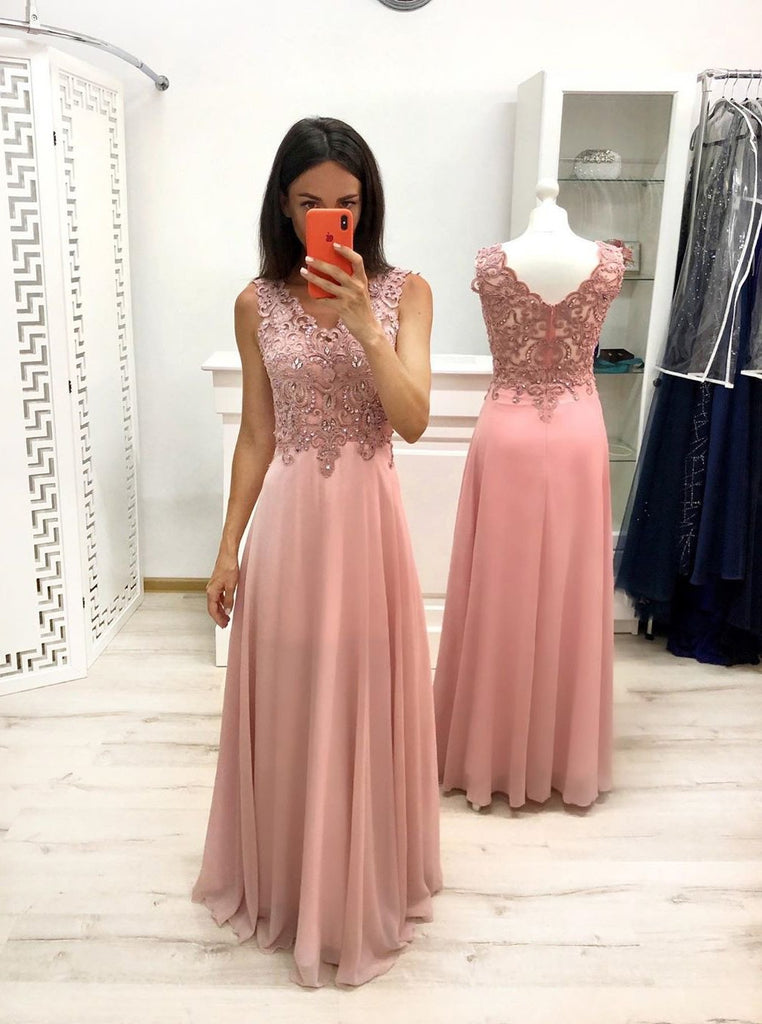 a-line v-neck appliques long prom dresses chiffon wedding party gown dtp959