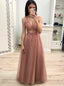 Sparkle Skin Pink A-line V-neck Beading Long Prom Party Dresses