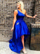 one-shoulder royal blue high low simple prom dresses with beaded pockets dtp977