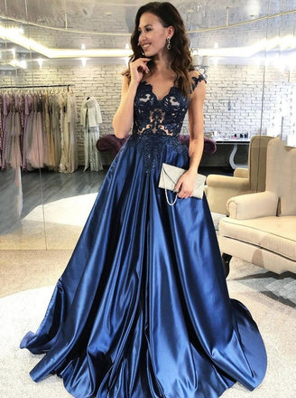 elegant a-line v-neck navy blue prom evening dresses with satin skirt dtp976