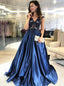 Elegant A-line V-neck Navy Blue Prom Evening Dresses with Satin Skirt