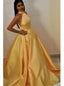 Simple Halter Yellow Long Prom Dresses, Satin Formal Gown