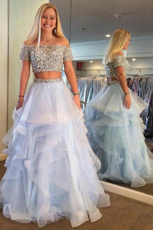 off-shoulder short sleeve two piece light blue prom dress with beading dtp584