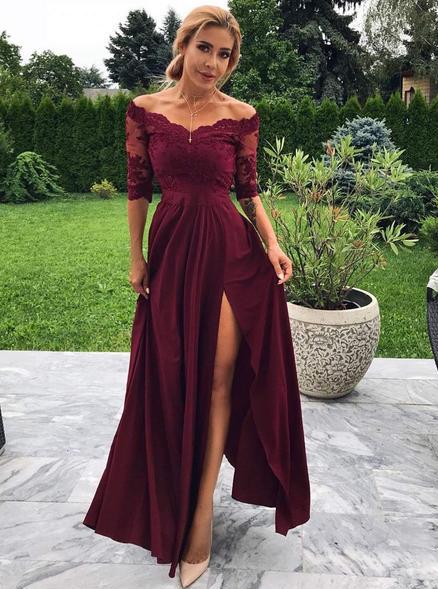 off-shoulder 1/2 sleeves burgundy prom dress a-line party gown with slit dtp111