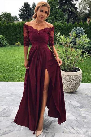 off-shoulder 1/2 sleeves burgundy prom dress a-line party gown with slit dtp111