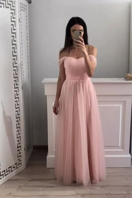 Off-Shoulder Chiffon Long Prom Gown Pink Bridesmaid Dresses