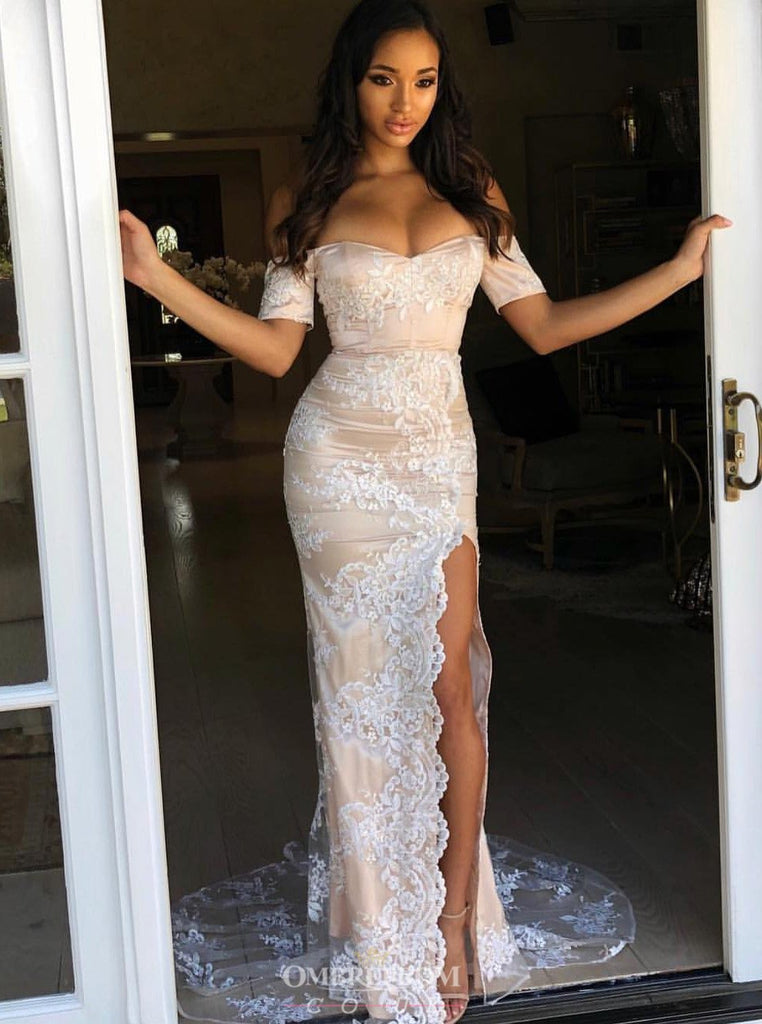 Lace Sheath Long Prom Dress Short Sleeves Evenging Gown With Split