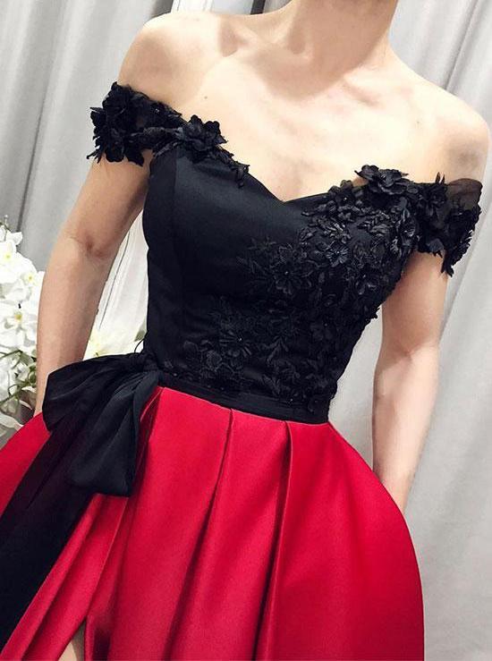 off-the-shoulder appliques black/burgundy long prom slit formal dress dtp365