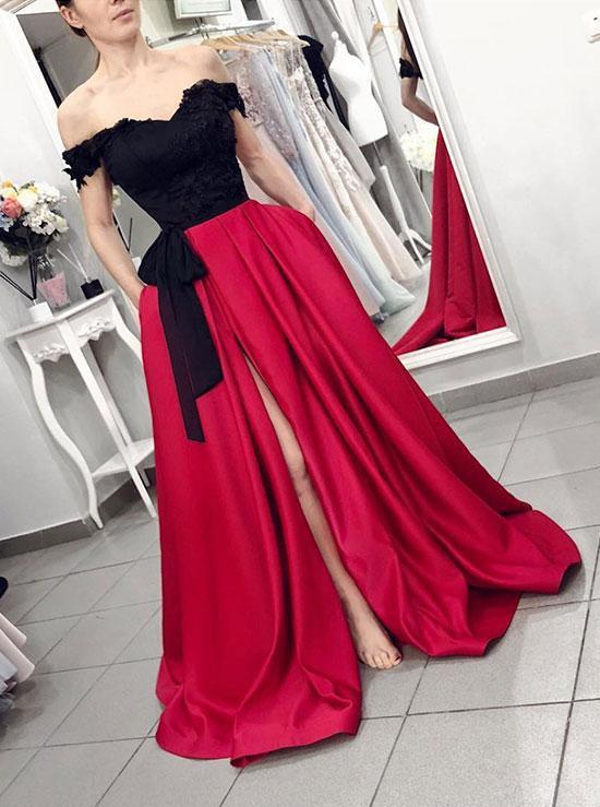 Off-The-Shoulder Appliques Black/Burgundy Long Prom Slit Formal Dress