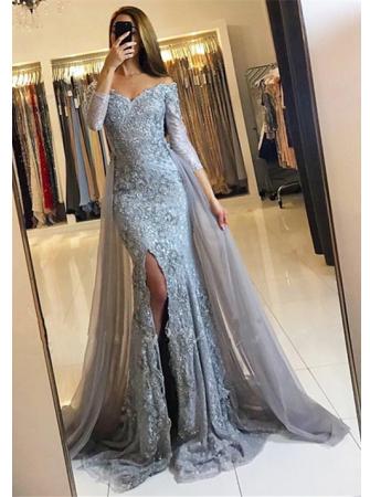 off-the-shoulder mermaid lace appliques split overskirt prom dress with long sleeves dtp354