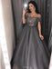 off-the-shoulder grey tulle beaded sleeves long prom dress dtp556