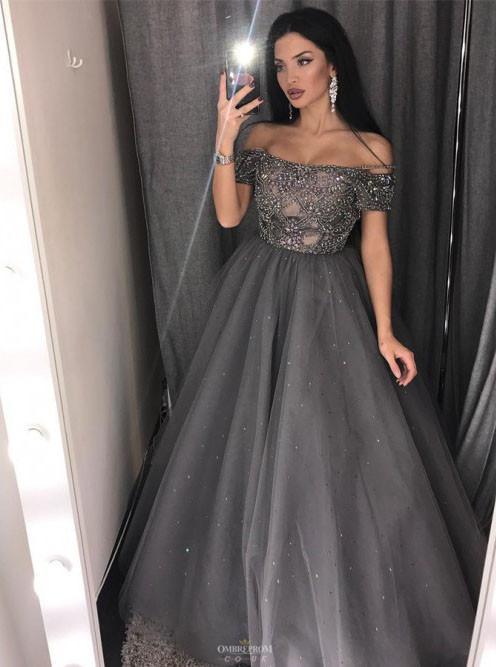 Off-the-Shoulder Grey Tulle Beaded Sleeves Long Prom Dress