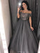 Off-the-Shoulder Grey Tulle Beaded Sleeves Long Prom Dress