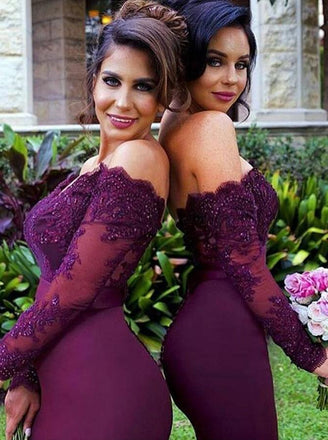 off-shoulder long sleeves purple mermaid bridesmaid dresses with lace applique dtb07