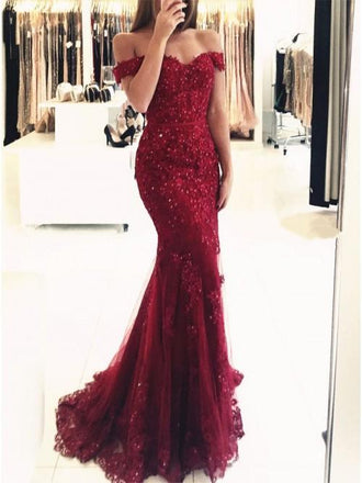off-the-shoulder mermaid tulle beaded burgundy prom evening dress dtp450
