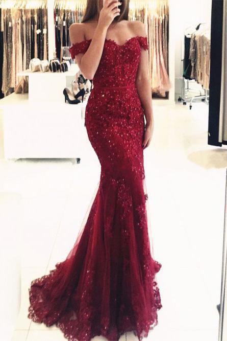 Off-the-Shoulder Mermaid Tulle Beaded Burgundy Prom Evening Dress