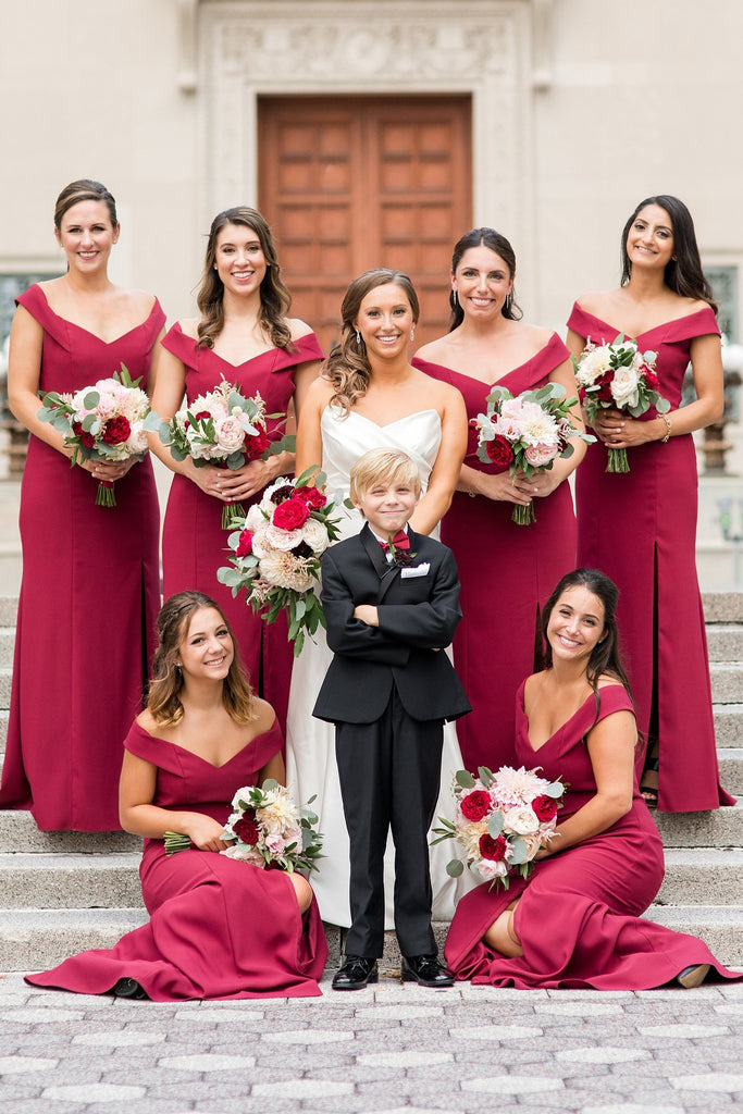 Off-the-Shoulder Sheath Burgundy Simple Bridesmaid Dresses With Split