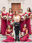 Off-the-Shoulder Sheath Burgundy Simple Bridesmaid Dresses With Split