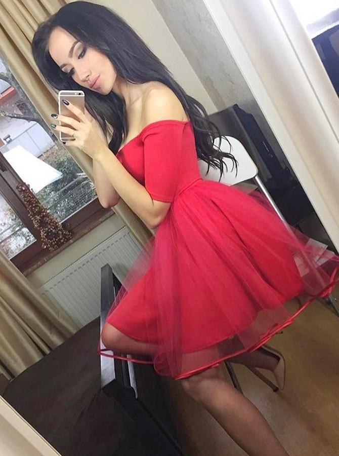 elegant off-the-shoulder short tulle red homecoming party dress dtp250