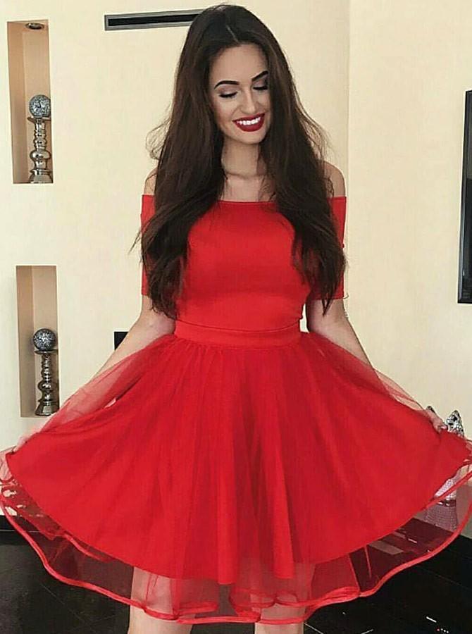 elegant off-the-shoulder short tulle red homecoming party dress dtp250