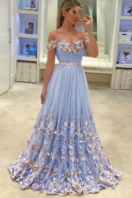 Off-the-Shoulder Tulle Butterfly Appliques Long Prom Dresses