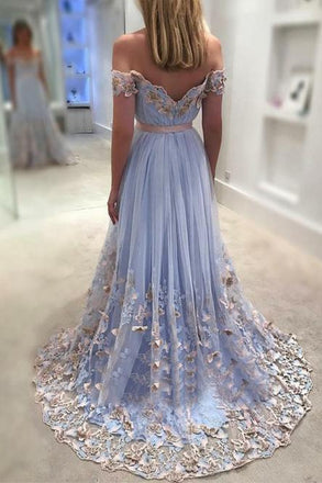 Off-the-Shoulder Tulle Butterfly Appliques Long Prom Dresses