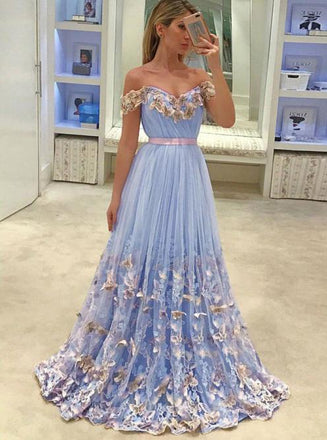off-the-shoulder tulle butterfly appliques long prom dresses dtp521