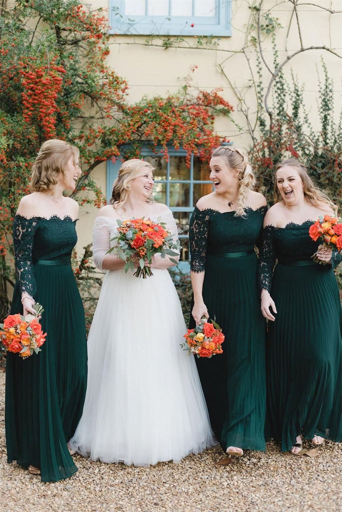 Off Shoulder Emerald Green Lace Long Sleeves Chiffon Bridesmaid Dresses DTB240 DressTok.co.uk Off Shoulder Emerald Green Lace Long Sleeves Chiffon Bridesmaid Dresses DTB240 DressTok.co.uk
