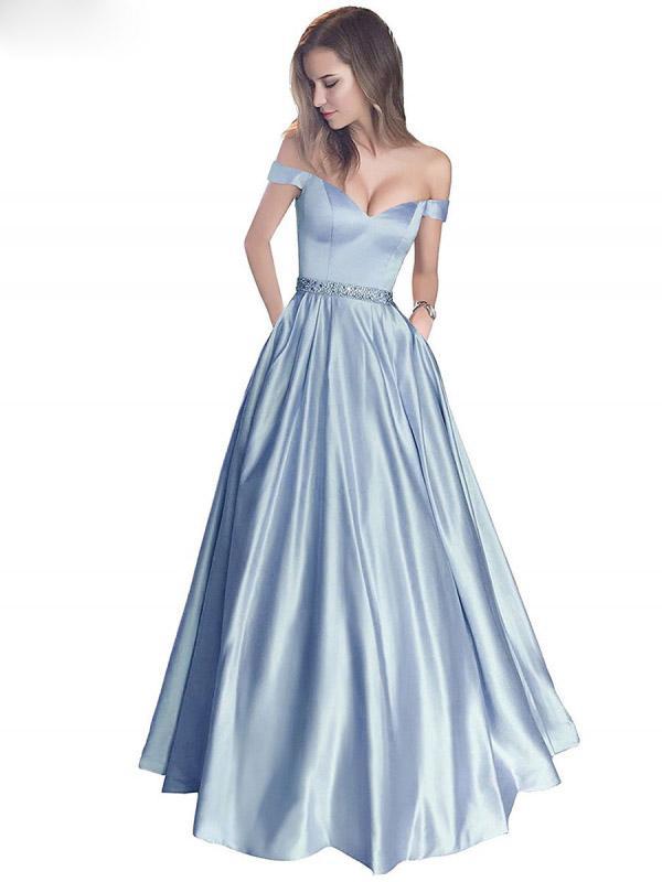 a-line off-the-shoulder waist beaded satin long prom dresses dtp253