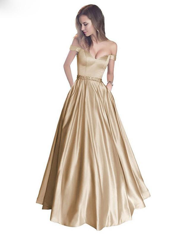 a-line off-the-shoulder waist beaded satin long prom dresses dtp253