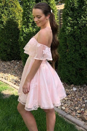 Off Shoulder Pink Lace Short Graduation Homecoming Dresses