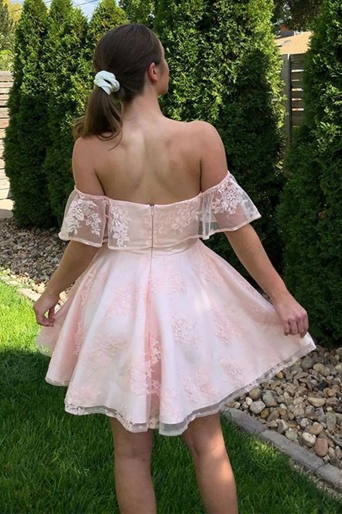 Off Shoulder Pink Lace Short Graduation Homecoming Dresses DTH83