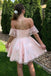 Off Shoulder Pink Lace Short Graduation Homecoming Dresses