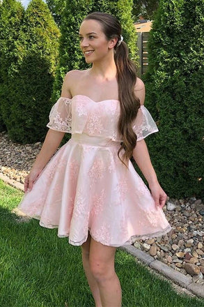 off shoulder pink lace short graduation homecoming dresses dth83