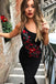 One-Shoulder Mermaid Black Prom Dresses with Red Flowers Embroidery
