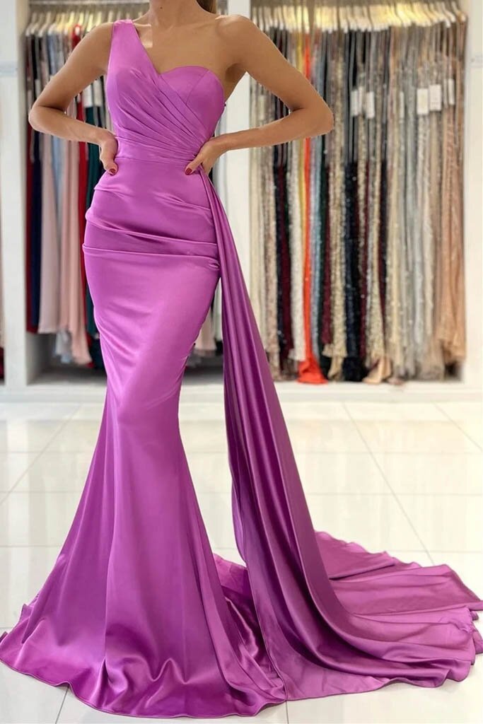 simple formal evening gown one shoulder purple satin mermaid prom dresses dtp04