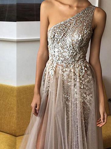 sexy one shoulder a-line sequins evening dress with beads long split prom dress dtp294